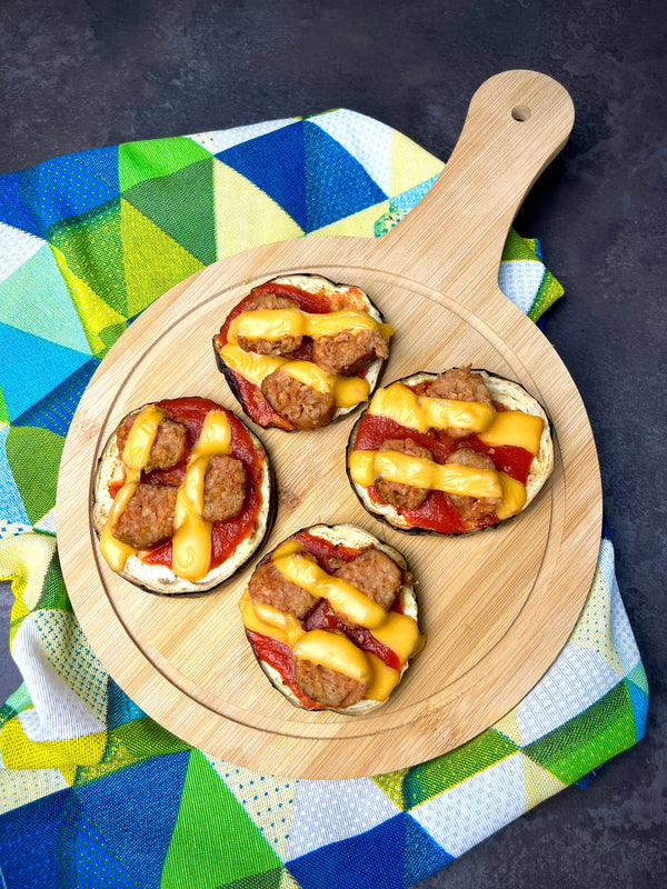 Pizzette di melanzana e Altro Salsicce in friggitrice ad aria